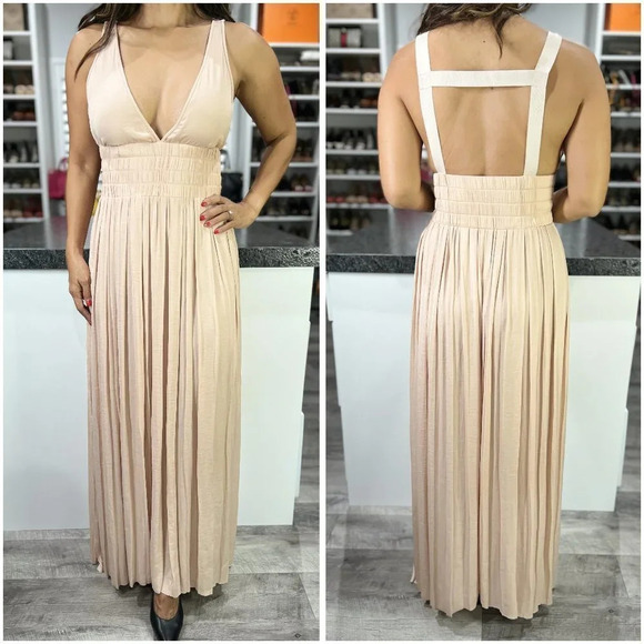 Elizabeth & James Beige Tan Deep V-Neck Pleated Maxi Gown $395 - Picture 1 of 10